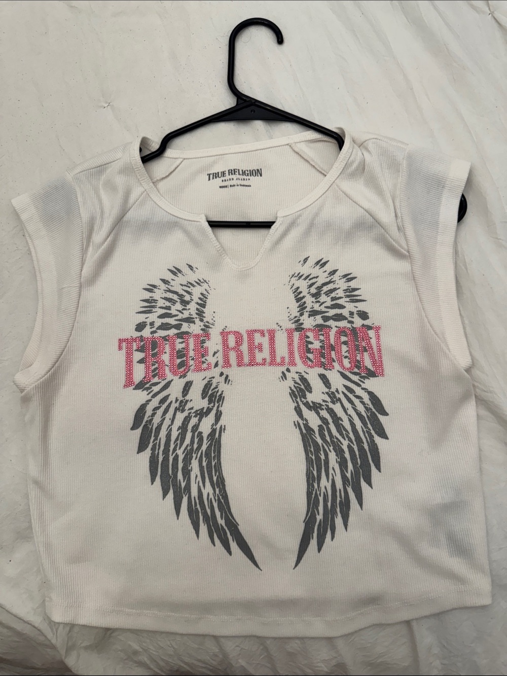 True Religion White Tank Top with Gray Wings and Pink Logo